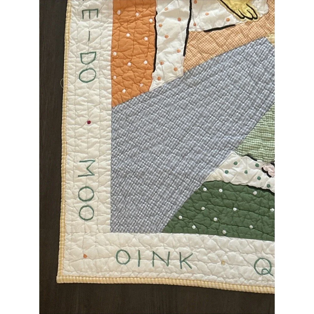 Vtg Barnyard Baby Quilt Crib Size Chickens Duck Cow Gingham And Crib Dust Ruffle
